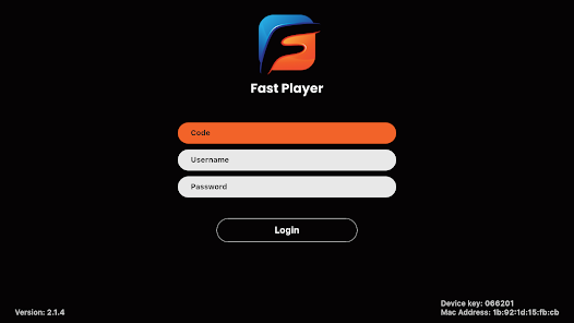 Tela de login do FAST Player com código, usuário e senha